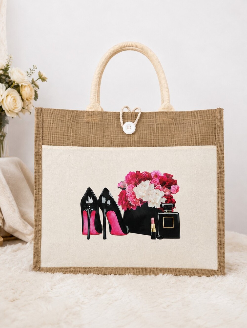 Fashion & Beauty Jute Canvas Tote Bag | High Heels Floral Perfume Design